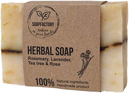 HERBAL SOAP - Handmade 100% Natural Soap with Rosemary, Lavender, Tea Tree and Rose, Vegan, Cruelty Free (110g)