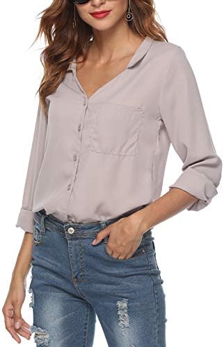 LYHNMW Womens Casual V Neck Button Down and Lose fit Blouse Cuffed Long Sleeves Solid Chiffon Tops