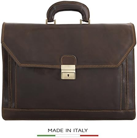 CUSTOM PERSONALIZED INITIALS ENGRAVING Alberto Bellucci Milano Capri Large Flapover Triple Compartment 16" Laptop Briefcase - Dark Brown