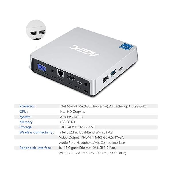 ACEPC-T11-Mini-PC-Windows-10-Pro-Fanless-mini-computer-support-for-4K-HD-24-5G-WLAN-Gigabit-Ethernet-HDMI-and-VGA-output-4GB-and-120GB-Silver ACEPC T11 Mini PC Windows 10 Pro, Fanless mini computer, support for 4K HD, 2.4, 5G WLAN, Gigabit Ethernet, HDMI and VGA…