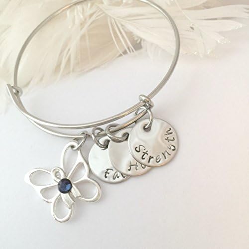 A Fundraiser for JDRF (Juvenile Diabetes Research Foundation) This Custom Butterfly Bracelet with Sterling Silver Awareness Ribbon and 3 hand stamped charms Faith, Hope, Strength