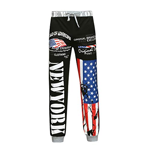 YKARITIANNA Mens Joggers Sport Flag Print Casual Drawstring Sweatpants Trouser Long Pants Black