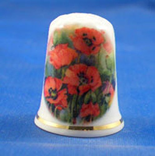 Porcelain China Collectable Thimble - Red Poppies Floral with Free Gift Box