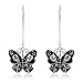 Black and Silver Skull and Swirl Butterfly Long-Hook Drop Earrings (Surgical Steel)