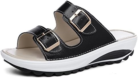 SHAKE Women's Platform Heeled Wedges Sandals Shape Ups Leather Comfort Peep Toe Walking Shoes For Women (7.5US=Women EU 39, Black)