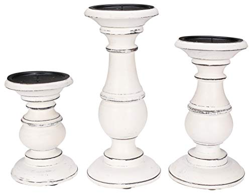 Set of 3 Wooden Pillar Candle Holders, Ideal for LED and Pillar Candles, Gifts for Wedding, Party, Home, Spa, Reiki, Aromatherapy, Votive Candle Gardens - 10 Inch, 8 Inch, and 6 Inch - Antique White