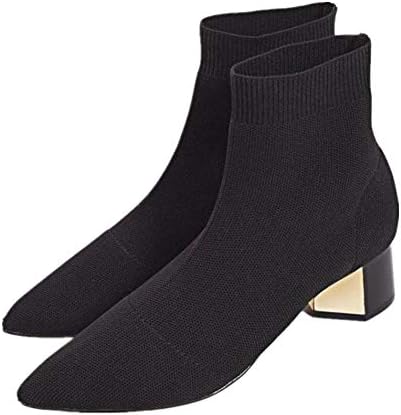 chegong Women's Black Knit Chunky Heel Sock Boots Pointed Toe Mid-Calf Booties
