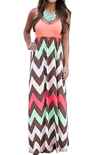 ChongXiao Women Summer Sleeveless Boho Wave Striped Beach Chevron Maxi Dress(FBA) (XXL, Rose)