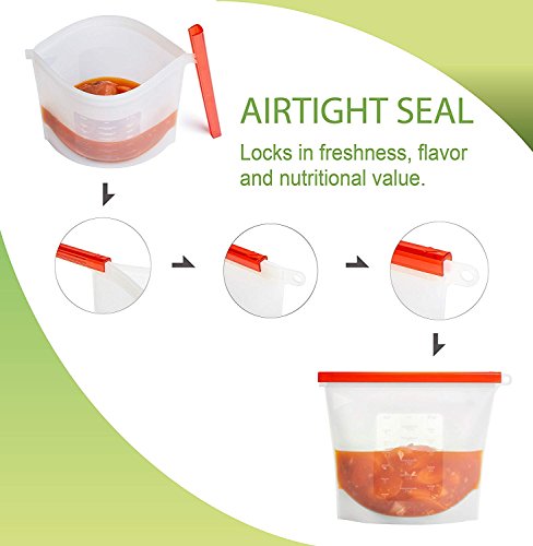 Kitchen Wonders4-PACK Reusable Silicone Food Bags| Stasher| Preservation of Fruit, Vegetables, Meats Etc. Storage Container| Airtight Seal Lunch & Snack Bags| Freeze & Heat Safe w/Dish Brush