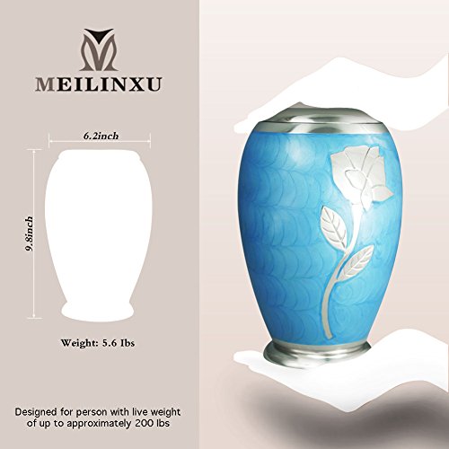 MEILINXU - Funeral Urns for Adults Ashes, Cremation Urn for Human Ashes - Memorials Urns for Ashes - Display Burial Urn at Home or in Niche at Columbarium (Ascot Blue with Silvery Rose, Large Urn
