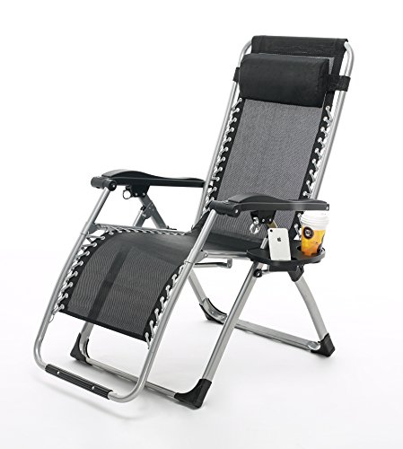 EQUAL Steel Portable Easy Folding Reclining and Rocking Zero Gravity Lounge Chair and Pillow with Cup and Mobile holder (Black, 180x65x113 cm)