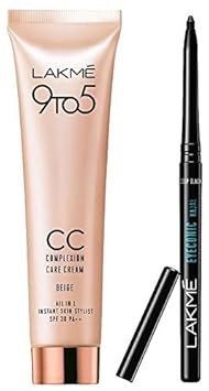 Lakme 9 to 5 Complexion Care Face Cream, Beige, 30g & Lakme Eyeconic Kajal, Deep Black, 0.35g