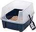 IRIS USA High Sided Cat Litter Box with Scatter Shield and Scoop, Open Top Cat Litter Pan, Navy