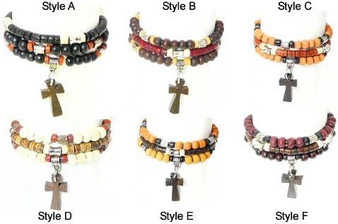 Set Of 3 Coco Heishi Wood Beads Surfer Style Elasticated Bracelets - With Wooden Cross / Crucifix - STYLE A