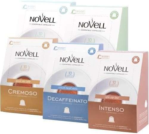 NOVELL Nespresso-Compatible Variety Pack Capsules ,50 Count Ingredients 100% Roasted Ground Coffee,5 Coffee Flavors Include Piu Aroma,Intenso,Cremoso,Defacoffeinato &Leggerissimo
