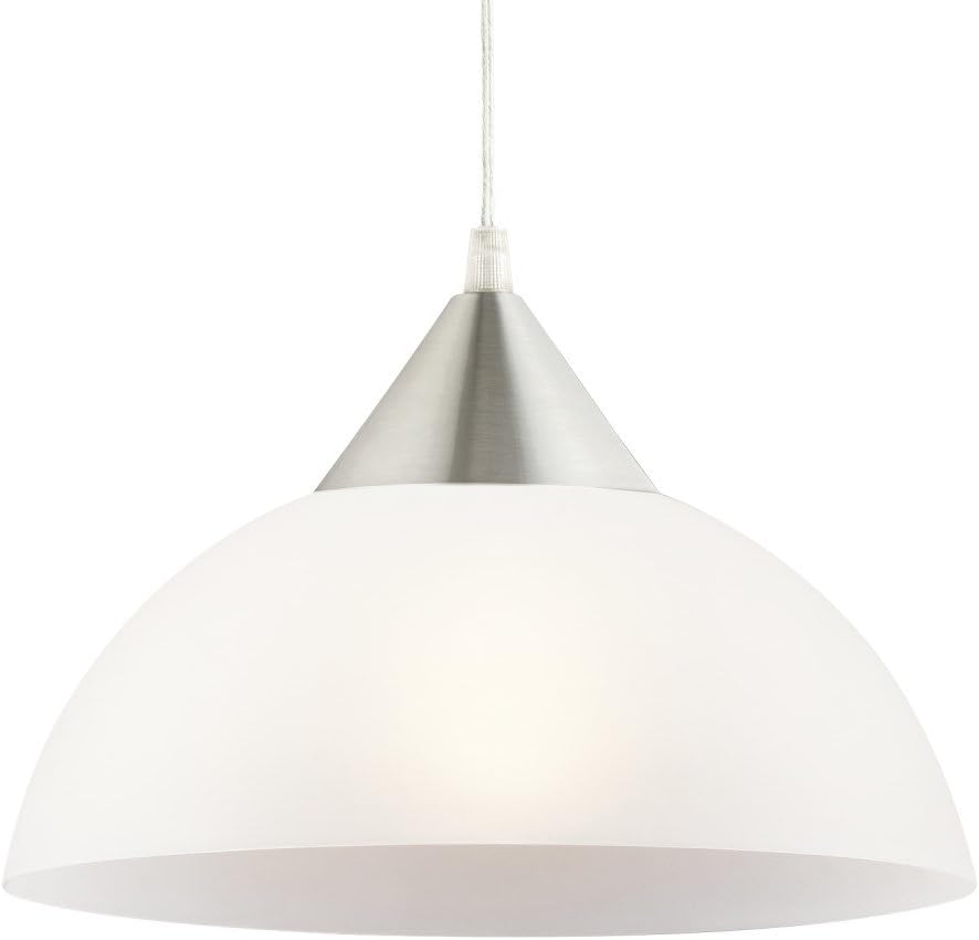 Globe Electric Amaris 1-Light Plug-In Pendant, Brushed Steel Finish, Frosted White Shade, 15ft Clear Cord, In-Line On/Off Switch 64413, 8.5" - Ceiling Pendant Fixtures - 