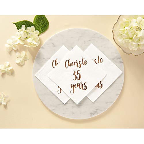 Cheers to 35 Years Cocktail Napkins, 50-Pack 3ply White Rose Gold 35th Birthday Dinner Celebration Party Decoration Napkin