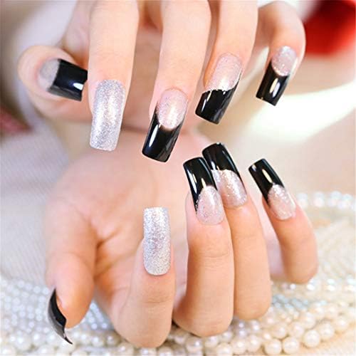 Royal Blue Long Square False Nails Silver Shimmer Glitter French Fake Nail Gems Salon Summer Wear Uv Gel Nail Art Tips Z396