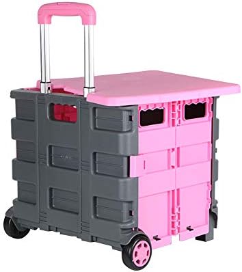 Shopping Trolley Foldable PP Plastic Can Sit Storage Box Telescopic Rod with 4 PVC Wheels Supermarket, 36 X 32 X 32cm (Color : Pink)