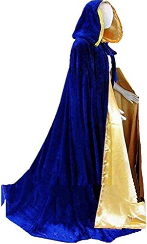 Long black Velvet Hooded Cloak Medieval Cape Witchcraft Wicca Robe Larp Gothic (L, Royal Blue + Gold Lined)
