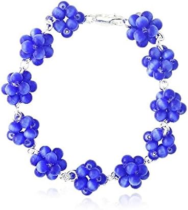 Sterling Silver Dark Blue Cats Eye Bead Cluster Bracelet, 7.5''
