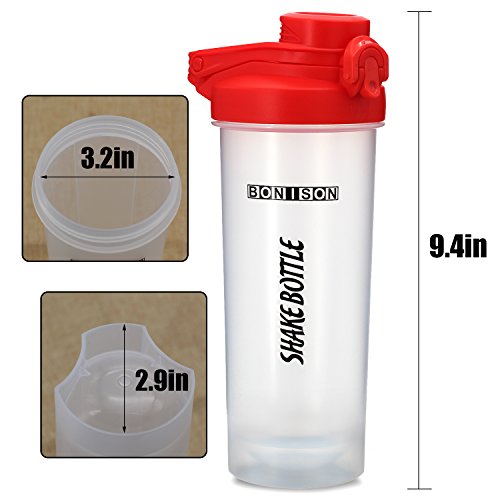 Bonison 24 Oz Shake Bottle With Flip Top Spout, Mixer Ball To Mix Protein Powder Easy Shaker Water Bottle (24OZ-Red)