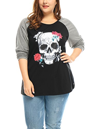 Agnes Orinda Women Plus Size Floral Skull Contrast Color Raglan T-Shirt 2X Black