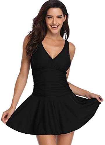 Plus Size Swimwear Women's One Piece Swimsuit V-Neck Vintage Ruffle Hem Beachwear Solid Tummy Control Swimming Costume Swimdress Skirt Boyshort Shaping Body Black