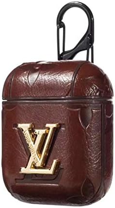Airpods Case, Monogram Designer Designer PU Leather Full-Body Protection with Carabiner Hook Cover Case for Apple Airpods 1/2 (Brown)