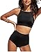 FlatterMe Women's Black High Neck Crop Top Swimsuit, Retro Tummy Control High Waist Bottom Sold Seperately