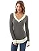 PattBoutik Women V Neck Long Sleeve Curve Hem Sweater (Gray and Ivory Medium)