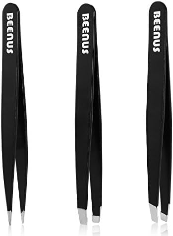 Beenus Expert Precision Eyebrow Tweezers Set 3-pieces Stainless Steel Slant Point &amp; Flat Tip with Metal Box