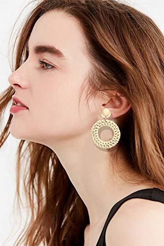 YAHPERN LPON Rattan Earrings for Women Girls Handmade Lightweight Wicker Straw Stud Earrings Statement Weaving Braid Drop Dangle Earring (Hoop)