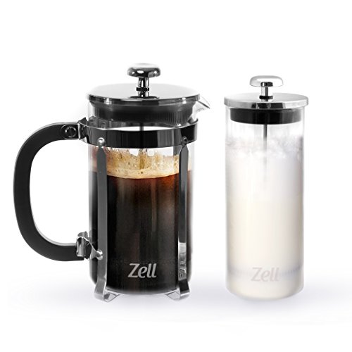 Zell French Press Coffee Maker with Stainless Steel Frame and Glass Milk Frother Set | Clear Strong Borosilicate Glass Tea & Coffee Brewer with Bonus Milk Frother | 34 Oz (1 Liter)