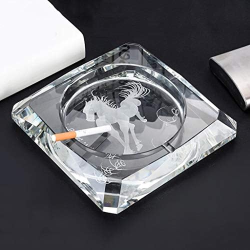 BMY Ashtray Transparent Color White Horse Pattern Deep Carving Style Square Crystal Glass Personalized Gifts Luxurious, giving smokers the best gift (Size : 15 * 15 * 2.5cm)