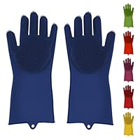 Silicone Dish Scrubber Gloves Reusable Heat Resistant for Dish Washing Cleaning Kitchen Bathroom Car Washing Large Non-Latex Sponge Gloves in Trendy Colors (Blue)