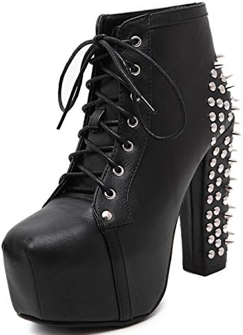 D2C Beauty Women's Studded Platform Chunky High Heel Lace Up Ankle Booties, Black Leather EURO39/US8/UK6