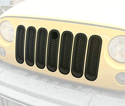 Bolaxin [Upgrade Clip in Version] Black Matt Front Grill Mesh Grille Insert with Key Hole Fit Hood Lock for Jeep Wrangler Jk Rubicon Sahara & Unlimited 2007-2015 -7pcs