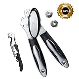 Can Opener Manual with 2 Spare Blades & Corkscrew, Professional Heavy Duty Stainless Steel - Ergonomic Anti Slip Design - Big Knob for Easy Turn - Ultra Sharp Blades - Ideal for Seniors and Women