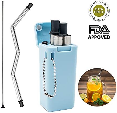 Collapsible Straw Reusable Stainless Steel Foldable Drinking Straws with Hard Case Holder Cleaner Portable Keychain-sized