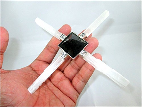 Jet Natural 4 Point Selenite Energy Generator Black Tourmaline Crystal Pyramid Generator Booklet Jet International Crystal Therapy Protection Peace Power Progress Prosperity