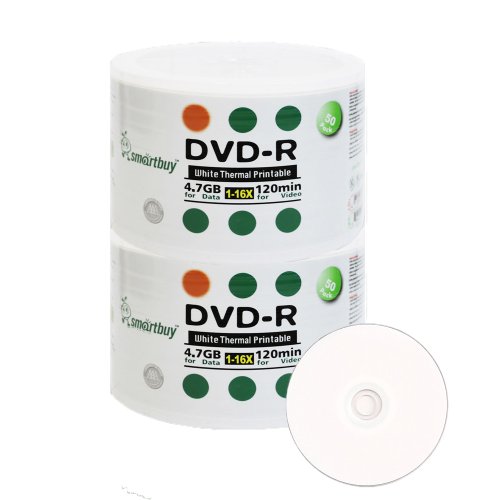 Smart Buy 100 Pack DVD-R 4.7gb 16x Thermal Printable White Blank Data Video Record Disc, 100 Disc 100pk