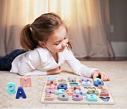 GEMEM Wooden Alphabet ABC Puzzles Upper Case Letter and Number Learning Board Educational Toys for Toddlers Boys Girls Pack of 2