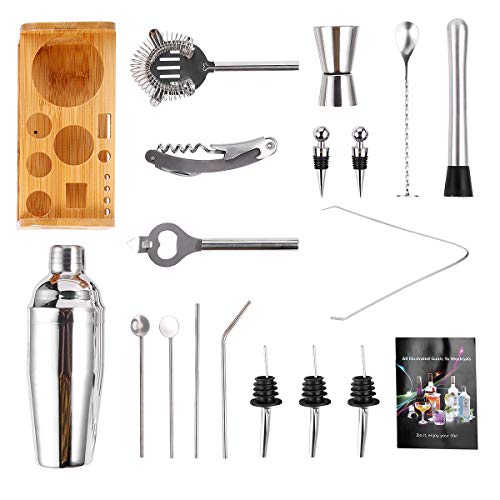 25oz Stainless Steel Cocktail Shaker Bar Set, Bartender Kit with Stand, Bar Tools Set, Martini Bar Mixer Set with Strainer - Cocktail Shaker with Recipes - 19 Piece Professional Bar Accessories