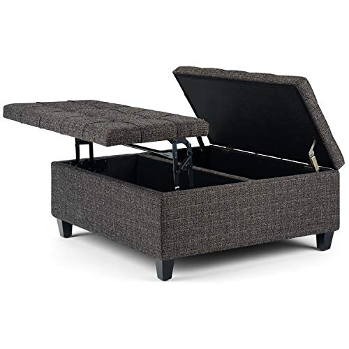 Simpli Home AXCOT-265-DGR Harrison 36 inch Wide Traditional Square Storage Ottoman in Dark Grey Tweed Fabric