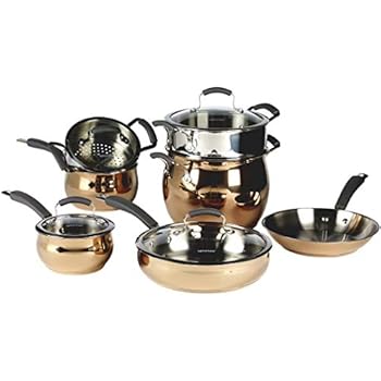 Epicurious Nonstick Aluminum Hard Anodized Stainless Steel Heavy Gauge Nonstick Induction Ready Dishwasher Safe Oven Safe Cookware Pots Pans Steamer Stock Pot, 11 Piece Rose Gold Stainless Steel Set