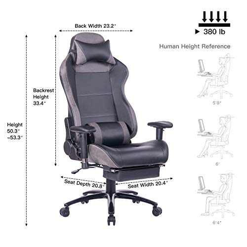 Blue Whale Massage Gaming Chair with Footrest Matel Base-Memory Foam Adjustable Backrest Reclining PC Computer Video Gamer Chair Racing High Back Game Chairs PU Leather Desk Office Chair BW/263 Grey - Thumbnail 5