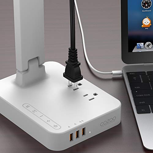 COZOO LED Desk Lamp with 3 USB Charging Port and 2 Outlet Power Strip, 3 Lighting Model with 3 Brightness Level, 1h Timer, Touch Control, Memory Function (White-)