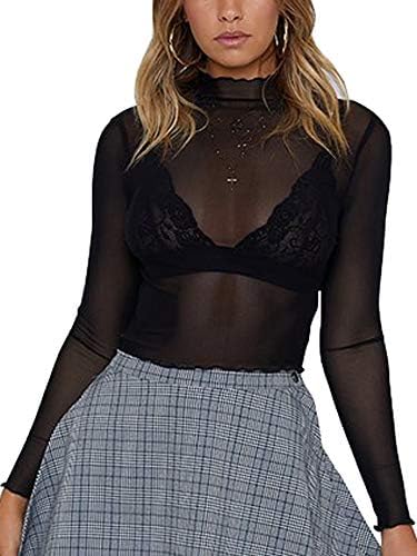 Women Sexy Clubwear Mesh Sheer See Through Long Sleeve Crop Tops