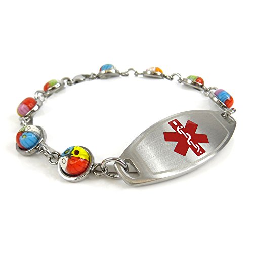 MyIDDr Womens Medical Alert Bracelet with Engraving - 1cm Steel & Glass - Red